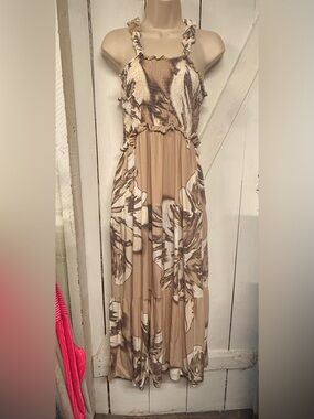 Neutral Floral Beige Maxi Dress with Ruffle Straps